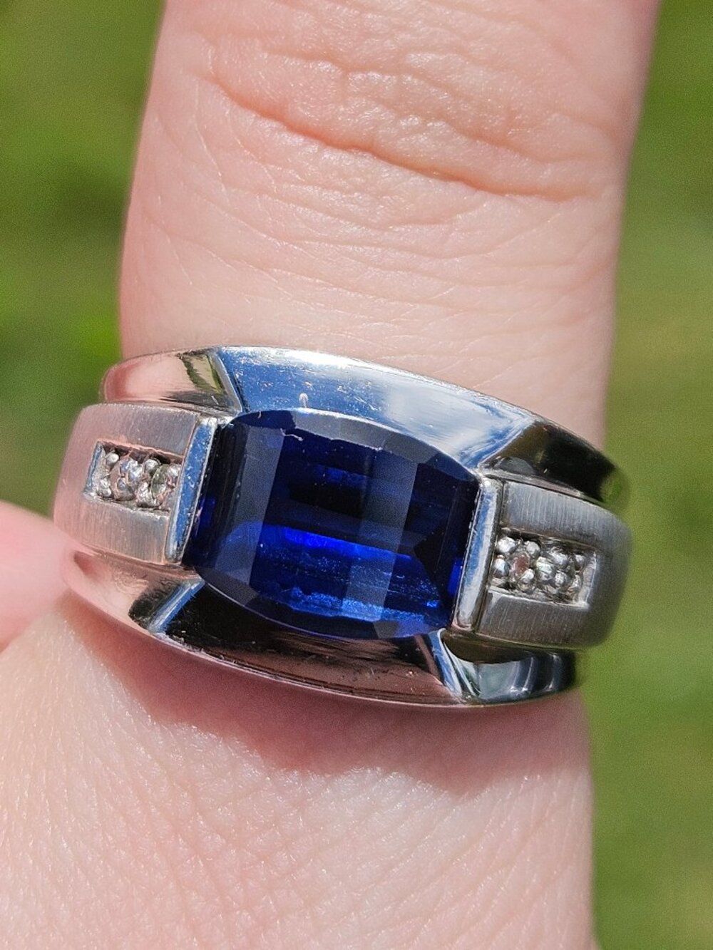 10K White Gold Diamond Fancy Cut Lab Created Sapphire Wide Band Men's Ring 10.25